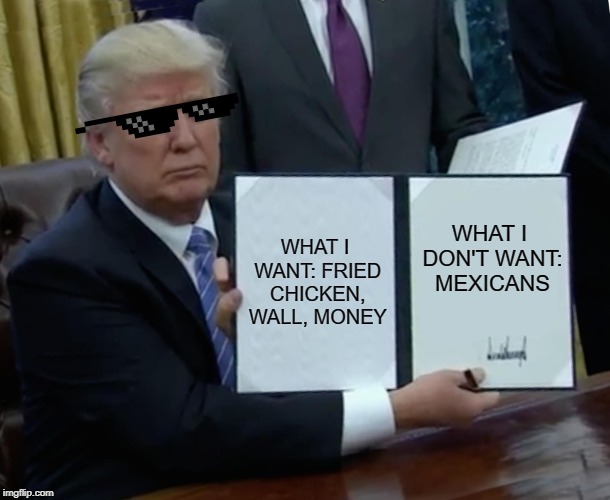 Trump Bill Signing | WHAT I WANT: FRIED CHICKEN, WALL, MONEY; WHAT I DON'T WANT: MEXICANS | image tagged in memes,trump bill signing | made w/ Imgflip meme maker
