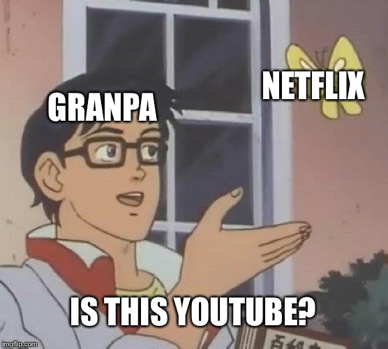 Is This A Pigeon Meme | NETFLIX; GRANPA; IS THIS YOUTUBE? | image tagged in memes,is this a pigeon | made w/ Imgflip meme maker