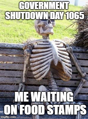 Waiting Skeleton | GOVERNMENT SHUTDOWN DAY 1065; ME WAITING ON FOOD STAMPS | image tagged in memes,waiting skeleton | made w/ Imgflip meme maker