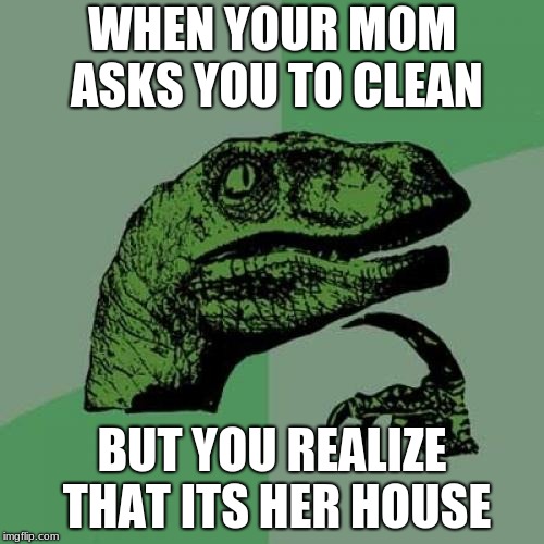 Philosoraptor | WHEN YOUR MOM ASKS YOU TO CLEAN; BUT YOU REALIZE THAT ITS HER HOUSE | image tagged in memes,philosoraptor | made w/ Imgflip meme maker