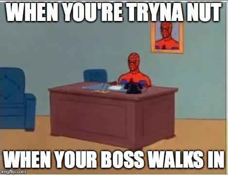 Spiderman Computer Desk | WHEN YOU'RE TRYNA NUT; WHEN YOUR BOSS WALKS IN | image tagged in memes,spiderman computer desk,spiderman | made w/ Imgflip meme maker