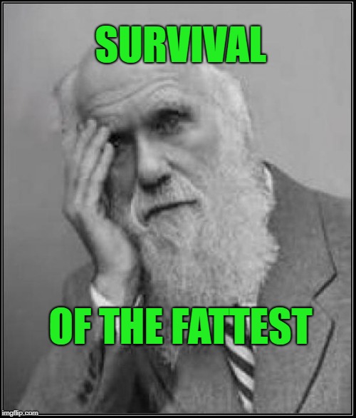 darwin facepalm | SURVIVAL OF THE FATTEST | image tagged in darwin facepalm | made w/ Imgflip meme maker
