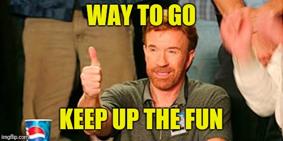 chuck norris thanks you | WAY TO GO KEEP UP THE FUN | image tagged in chuck norris thanks you | made w/ Imgflip meme maker