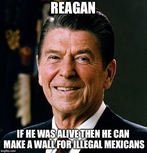 Ronald Reagan face | REAGAN; IF HE WAS ALIVE THEN HE CAN MAKE A WALL FOR ILLEGAL MEXICANS | image tagged in ronald reagan face,memes,politics,wall,mexicans | made w/ Imgflip meme maker