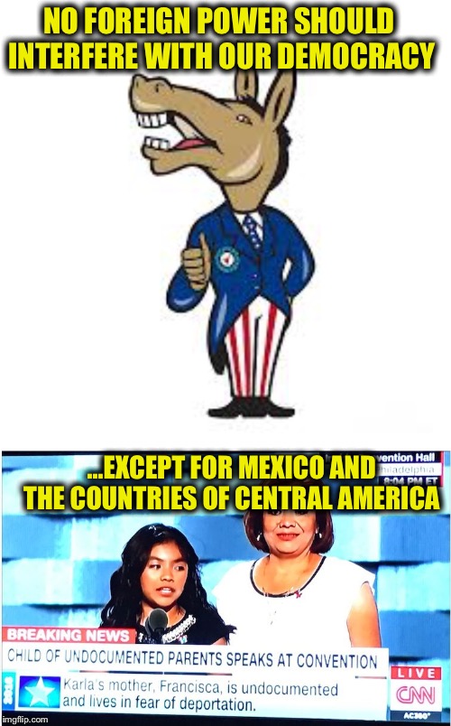 NO FOREIGN POWER SHOULD INTERFERE WITH OUR DEMOCRACY; ...EXCEPT FOR MEXICO AND THE COUNTRIES OF CENTRAL AMERICA | image tagged in democratic party,trump russia collusion,liberal hypocrisy,democrats,illegal immigration,mexico | made w/ Imgflip meme maker