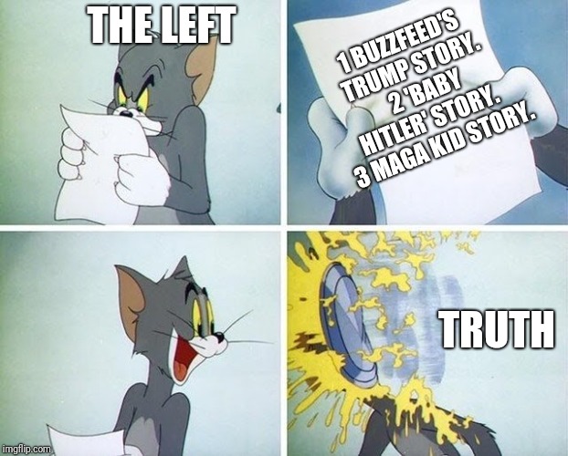 Tom and Jerry custard pie | 1 BUZZFEED'S TRUMP STORY.  
2 'BABY HITLER' STORY.  
3 MAGA KID STORY. THE LEFT; TRUTH | image tagged in tom and jerry custard pie | made w/ Imgflip meme maker