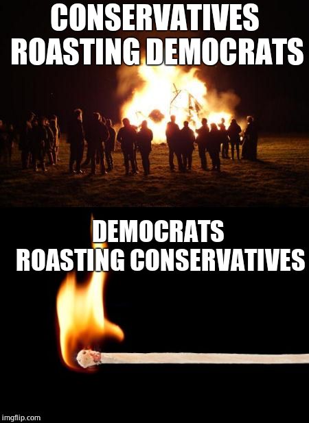 CONSERVATIVES ROASTING DEMOCRATS DEMOCRATS ROASTING CONSERVATIVES | image tagged in bonfire,match | made w/ Imgflip meme maker