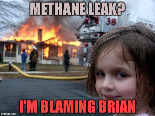 Disaster Girl Meme | METHANE LEAK? I'M BLAMING BRIAN | image tagged in memes,disaster girl | made w/ Imgflip meme maker