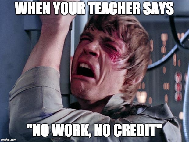 luke nooooo | WHEN YOUR TEACHER SAYS; "NO WORK, NO CREDIT" | image tagged in luke nooooo | made w/ Imgflip meme maker