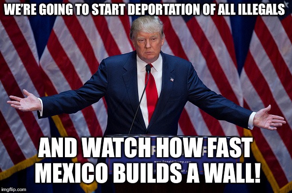So crazy it just might work! | WE’RE GOING TO START DEPORTATION OF ALL ILLEGALS; AND WATCH HOW FAST MEXICO BUILDS A WALL! | image tagged in donald trump,illegal immigration | made w/ Imgflip meme maker