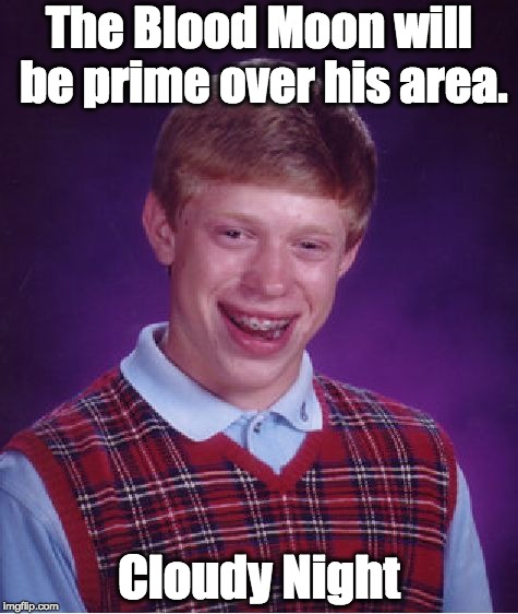 Bad Luck Brian |  The Blood Moon will be prime over his area. Cloudy Night | image tagged in memes,bad luck brian,eclipse,blood moon | made w/ Imgflip meme maker
