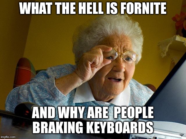 Grandma Finds The Internet Meme | WHAT THE HELL IS FORNITE; AND WHY ARE 
PEOPLE BRAKING KEYBOARDS | image tagged in memes,grandma finds the internet | made w/ Imgflip meme maker