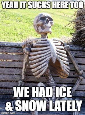Waiting Skeleton Meme | YEAH IT SUCKS HERE TOO WE HAD ICE & SNOW LATELY | image tagged in memes,waiting skeleton | made w/ Imgflip meme maker