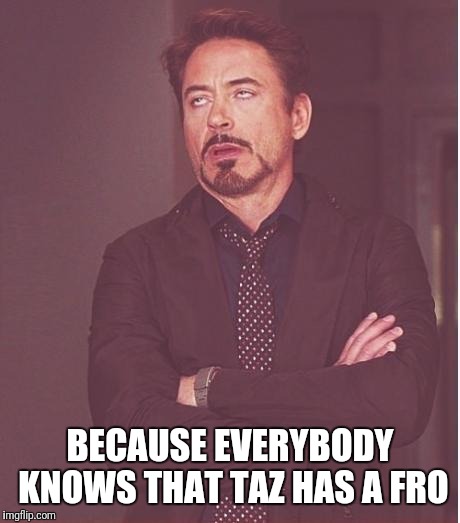 iron man eye roll | BECAUSE EVERYBODY KNOWS THAT TAZ HAS A FRO | image tagged in iron man eye roll | made w/ Imgflip meme maker