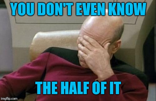 Captain Picard Facepalm Meme | YOU DON'T EVEN KNOW THE HALF OF IT | image tagged in memes,captain picard facepalm | made w/ Imgflip meme maker