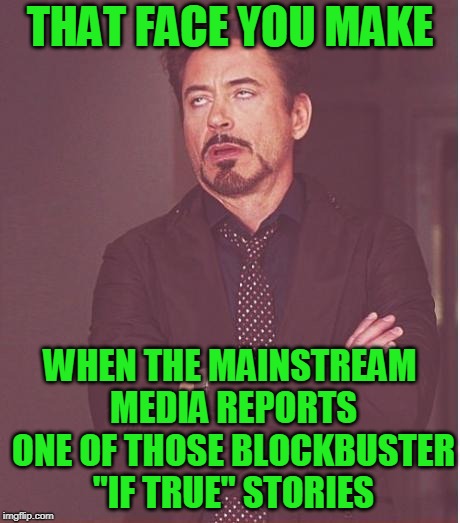 Media Credibility Sinks Like a Stone | THAT FACE YOU MAKE; WHEN THE MAINSTREAM MEDIA REPORTS ONE OF THOSE BLOCKBUSTER "IF TRUE" STORIES | image tagged in memes,face you make robert downey jr,fake news,president trump | made w/ Imgflip meme maker