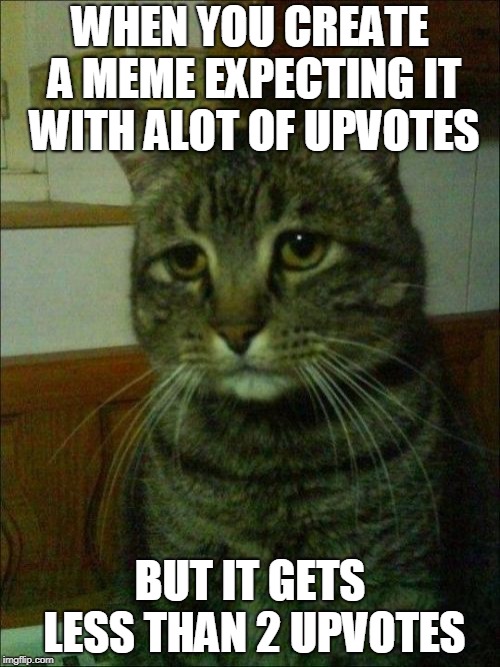 Bad Memes | WHEN YOU CREATE A MEME EXPECTING IT WITH ALOT OF UPVOTES; BUT IT GETS LESS THAN 2 UPVOTES | image tagged in memes,depressed cat,why did this happen to me | made w/ Imgflip meme maker