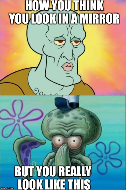 Squidward | HOW YOU THINK YOU LOOK IN A MIRROR; BUT YOU REALLY LOOK LIKE THIS | image tagged in memes,squidward | made w/ Imgflip meme maker