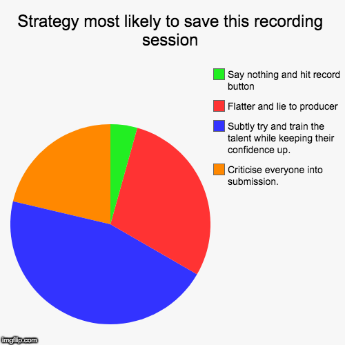 Strategy most likely to save this recording session | Criticise everyone into submission., Subtly try and train the talent while keeping the | image tagged in funny,pie charts | made w/ Imgflip chart maker