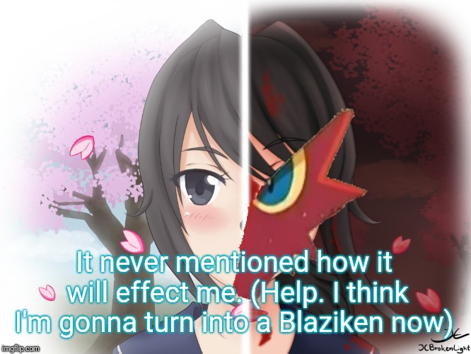 Yandere Blaziken | It never mentioned how it will effect me. (Help. I think I'm gonna turn into a Blaziken now) | image tagged in yandere blaziken | made w/ Imgflip meme maker