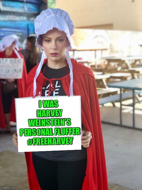 Alyssa's lament | I WAS HARVEY WEINSTEIN'S PERSONAL FLUFFER #FREEHARVEY | image tagged in alyssa milano sign,harvey weinstein,stupid liberals,hypocrite | made w/ Imgflip meme maker