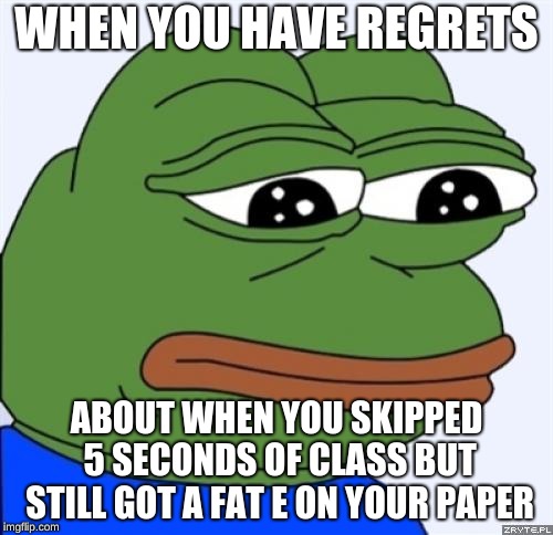 sad frog |  WHEN YOU HAVE REGRETS; ABOUT WHEN YOU SKIPPED 5 SECONDS OF CLASS BUT STILL GOT A FAT E ON YOUR PAPER | image tagged in sad frog | made w/ Imgflip meme maker