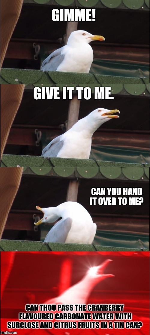 Inhaling Seagull Meme | GIMME! GIVE IT TO ME. CAN YOU HAND IT OVER TO ME? CAN THOU PASS THE CRANBERRY FLAVOURED CARBONATE WATER WITH SURCLOSE AND CITRUS FRUITS IN A | image tagged in memes,inhaling seagull | made w/ Imgflip meme maker