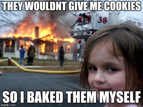 COOKIES | THEY WOULDNT GIVE ME COOKIES; SO I BAKED THEM MYSELF | image tagged in memes,disaster girl,cookies,burn | made w/ Imgflip meme maker
