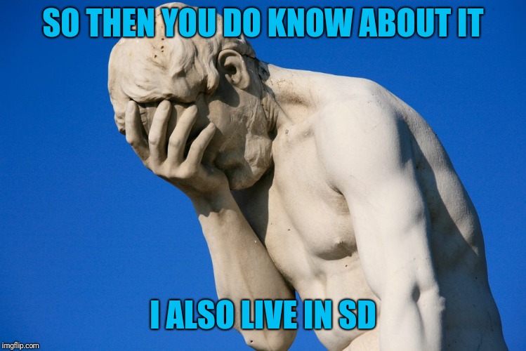 Embarrassed statue  | SO THEN YOU DO KNOW ABOUT IT I ALSO LIVE IN SD | image tagged in embarrassed statue | made w/ Imgflip meme maker