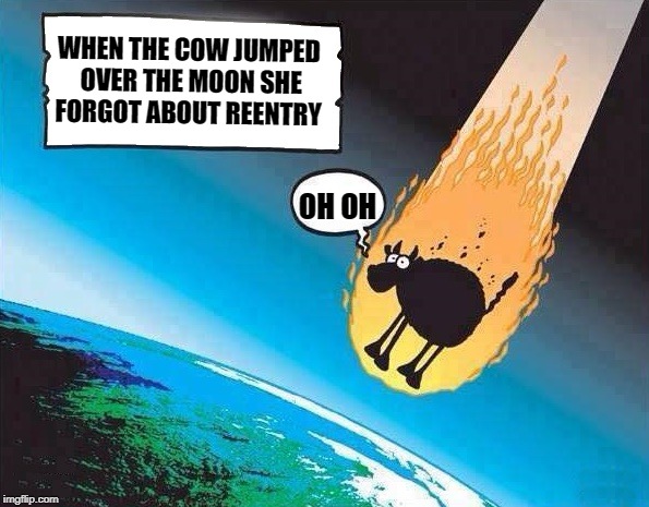 Reality in nursery rhymes  | WHEN THE COW JUMPED OVER THE MOON SHE FORGOT ABOUT REENTRY; OH OH | image tagged in cow jumped over the moon,nursery rhymes,reintry | made w/ Imgflip meme maker