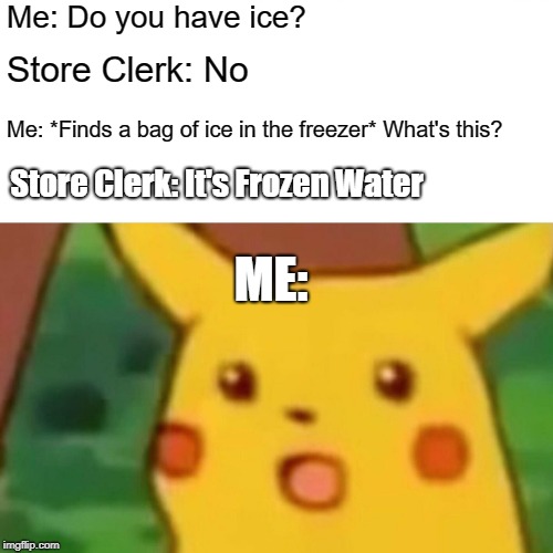 Surprised Pikachu Meme | Me: Do you have ice? Store Clerk: No; Me: *Finds a bag of ice in the freezer* What's this? Store Clerk: It's Frozen Water; ME: | image tagged in memes,surprised pikachu | made w/ Imgflip meme maker