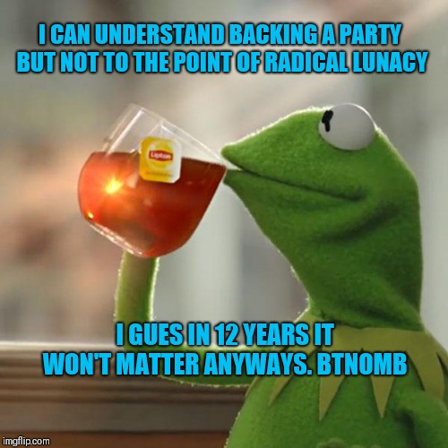 But That's None Of My Business | I CAN UNDERSTAND BACKING A PARTY BUT NOT TO THE POINT OF RADICAL LUNACY; I GUES IN 12 YEARS IT WON'T MATTER ANYWAYS. BTNOMB | image tagged in memes,but thats none of my business,kermit the frog | made w/ Imgflip meme maker