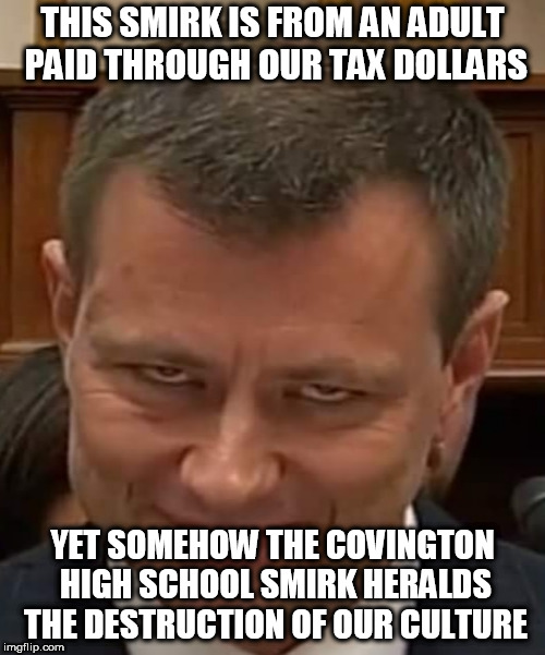 Peter Strozk | THIS SMIRK IS FROM AN ADULT PAID THROUGH OUR TAX DOLLARS; YET SOMEHOW THE COVINGTON HIGH SCHOOL SMIRK HERALDS THE DESTRUCTION OF OUR CULTURE | image tagged in peter strozk | made w/ Imgflip meme maker
