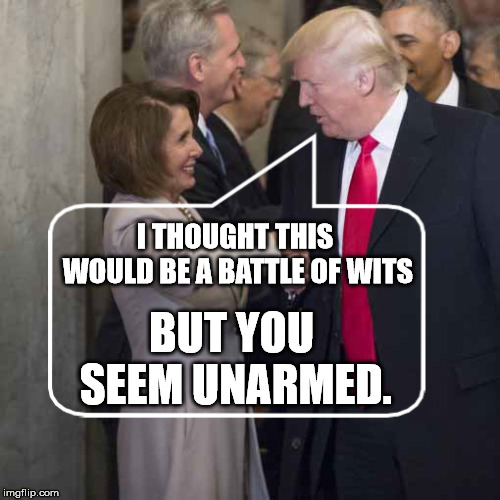 When you refuse to negotiate and your every move gets "Trumped". Now you look just petty. | I THOUGHT THIS WOULD BE A BATTLE OF WITS; BUT YOU SEEM UNARMED. | image tagged in trump and pelosi | made w/ Imgflip meme maker