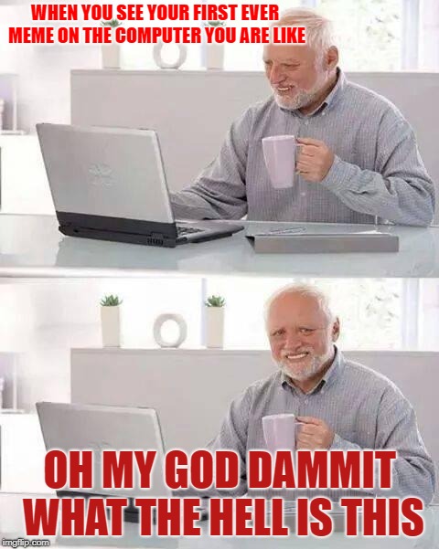 Hide the Pain Harold Meme | WHEN YOU SEE YOUR FIRST EVER MEME ON THE COMPUTER YOU ARE LIKE; OH MY GOD DAMMIT WHAT THE HELL IS THIS | image tagged in memes,hide the pain harold | made w/ Imgflip meme maker