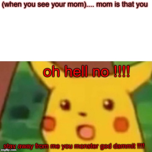 Surprised Pikachu Meme | (when you see your mom)....
mom is that you; oh hell no !!!! stay away from me you monster god dammit !!!! | image tagged in memes,surprised pikachu | made w/ Imgflip meme maker