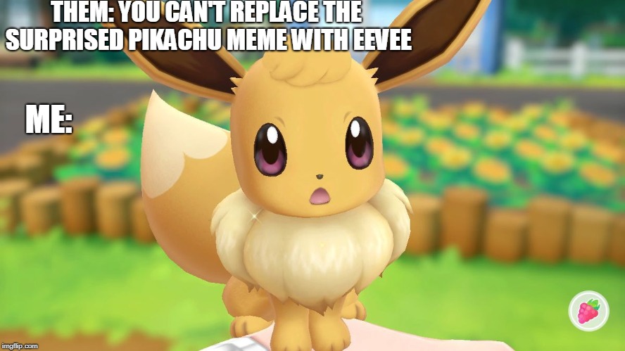 Did you ever notice that you can turn almost any of your partner Pokemon's expressions into a meme? | THEM: YOU CAN'T REPLACE THE SURPRISED PIKACHU MEME WITH EEVEE; ME: | image tagged in pokemon,surprised pikachu | made w/ Imgflip meme maker