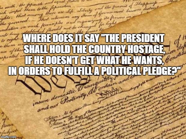 Constitution | WHERE DOES IT SAY "THE PRESIDENT SHALL HOLD THE COUNTRY HOSTAGE, IF HE DOESN'T GET WHAT HE WANTS, IN ORDERS TO FULFILL A POLITICAL PLEDGE?" | image tagged in constitution | made w/ Imgflip meme maker