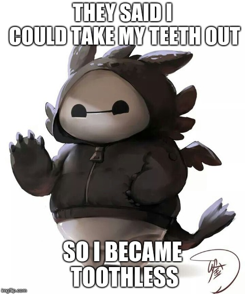 cheap robot dentists! actually, a halloween costume, but...  | THEY SAID I COULD TAKE MY TEETH OUT; SO I BECAME TOOTHLESS | image tagged in memes,toothless,baymax | made w/ Imgflip meme maker