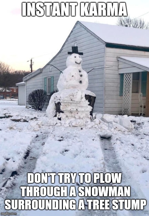 INSTANT KARMA; DON'T TRY TO PLOW THROUGH A SNOWMAN SURROUNDING A TREE STUMP | image tagged in snow,snowman | made w/ Imgflip meme maker