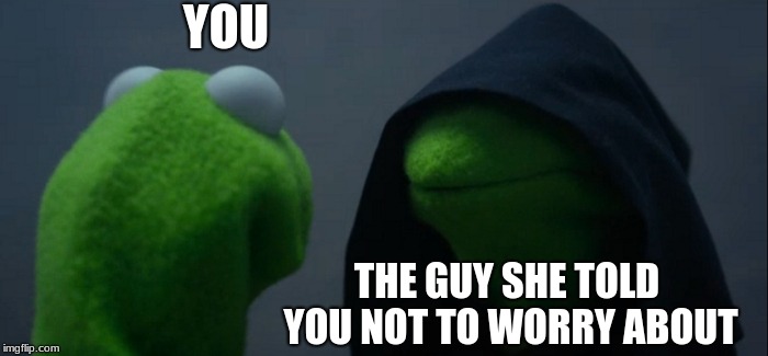 Evil Kermit | YOU; THE GUY SHE TOLD YOU NOT TO WORRY ABOUT | image tagged in memes,evil kermit | made w/ Imgflip meme maker