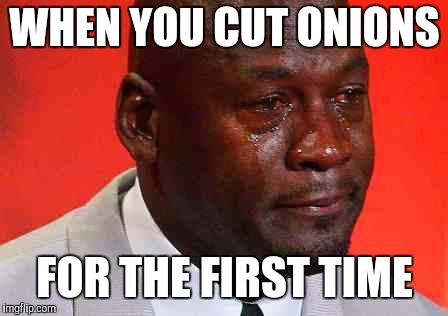 crying michael jordan | WHEN YOU CUT ONIONS; FOR THE FIRST TIME | image tagged in crying michael jordan | made w/ Imgflip meme maker