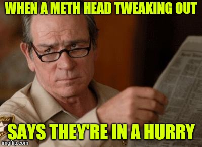Tommy Lee Jones | WHEN A METH HEAD TWEAKING OUT; SAYS THEY'RE IN A HURRY | image tagged in tommy lee jones | made w/ Imgflip meme maker
