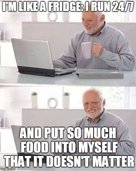 Hide the Pain Harold Meme | I'M LIKE A FRIDGE: I RUN 24/7; AND PUT SO MUCH FOOD INTO MYSELF THAT IT DOESN'T MATTER | image tagged in memes,hide the pain harold | made w/ Imgflip meme maker