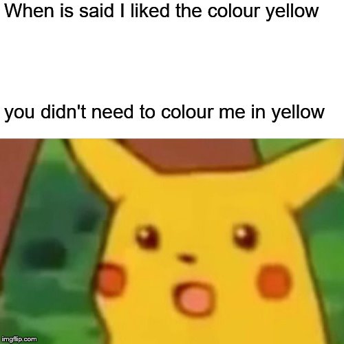 Surprised Pikachu | When is said I liked the colour yellow; you didn't need to colour me in yellow | image tagged in memes,surprised pikachu | made w/ Imgflip meme maker