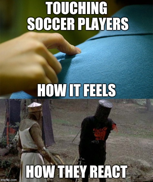 Yep, That is basically it | TOUCHING SOCCER PLAYERS; HOW IT FEELS; HOW THEY REACT | image tagged in tis but a scratch | made w/ Imgflip meme maker