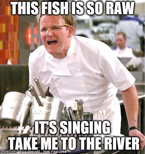 Chef Gordon Ramsay | THIS FISH IS SO RAW; IT'S SINGING TAKE ME TO THE RIVER | image tagged in memes,chef gordon ramsay,music | made w/ Imgflip meme maker
