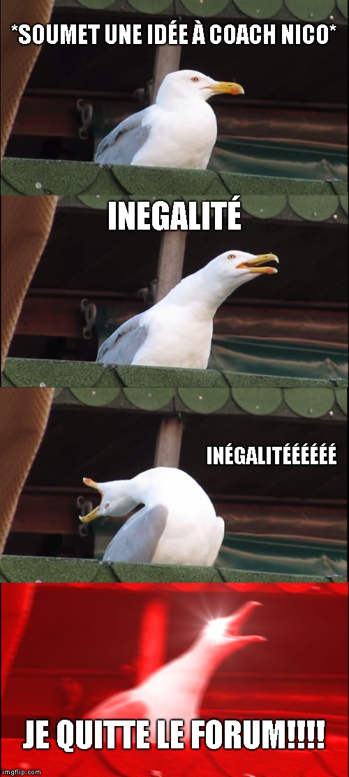 Inhaling Seagull Meme | *SOUMET UNE IDÉE À COACH NICO*; INEGALITÉ; INÉGALITÉÉÉÉÉÉ; JE QUITTE LE FORUM!!!! | image tagged in memes,inhaling seagull | made w/ Imgflip meme maker