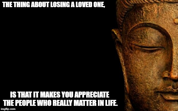 Buddha - Quotes | THE THING ABOUT LOSING A LOVED ONE, IS THAT IT MAKES YOU APPRECIATE THE PEOPLE WHO REALLY MATTER IN LIFE. | image tagged in buddha - quotes | made w/ Imgflip meme maker