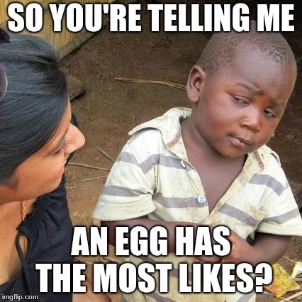 Third World Skeptical Kid Meme | SO YOU'RE TELLING ME; AN EGG HAS THE MOST LIKES? | image tagged in memes,third world skeptical kid | made w/ Imgflip meme maker